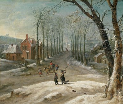 Winter Landscape with Men Hunting Birds and Market Buyers by Frans de Momper